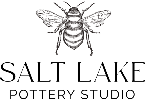 Logo of Salt Lake Pottery Studio with a bee illustration on a white background